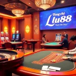 Exciting gambling action at Trang chủ Lu88 with casino tables and slot machines in a vibrant environment.