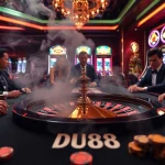 Engage in high-stakes gambling with DU88 poker chips at a vibrant casino table.