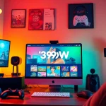 Engaging workspace showcasing 399W platform with gaming elements and a creative atmosphere.
