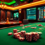 Experience FABET's thrilling atmosphere with an elegant poker table and vibrant betting odds.