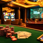Experience the excitement of King88 with vibrant casino tables, colorful chips, and digital interfaces.