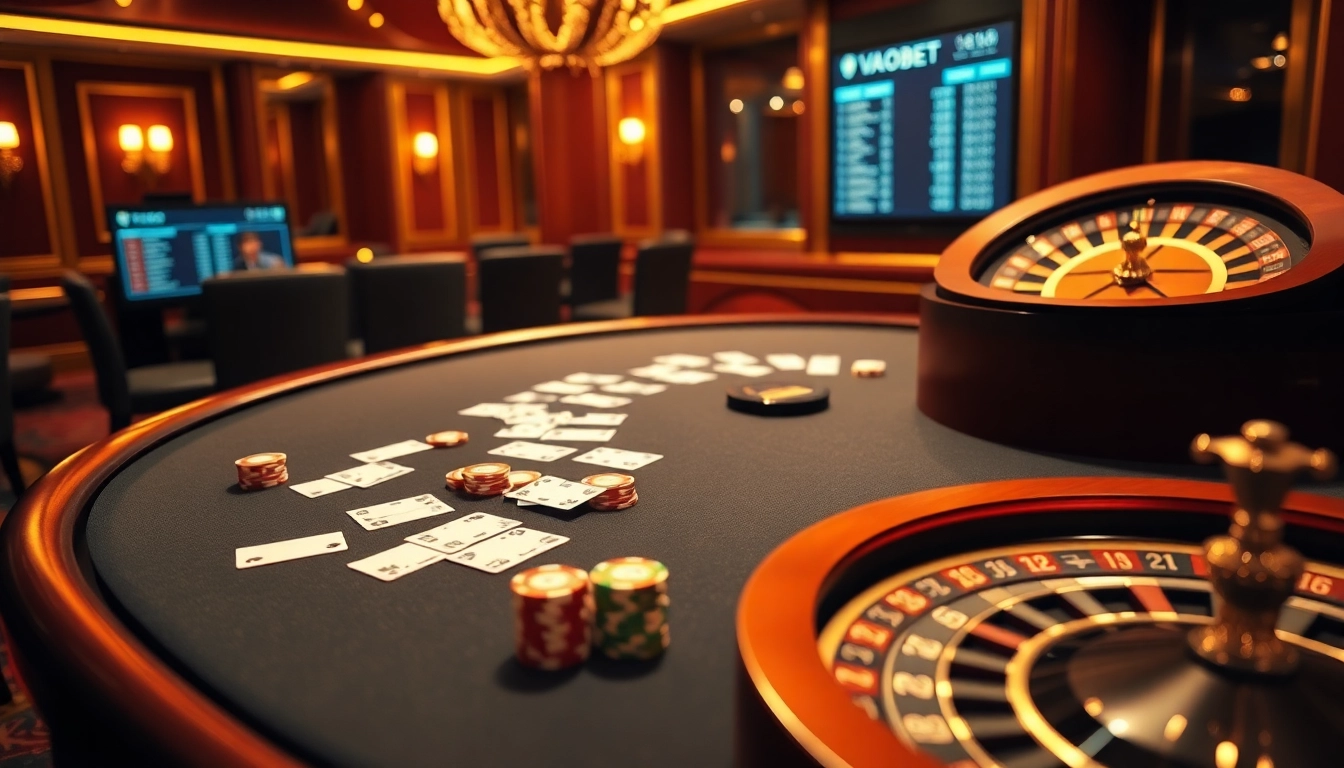 Experience thrilling online betting with VAOBET, showcasing a luxurious poker table and casino ambiance.