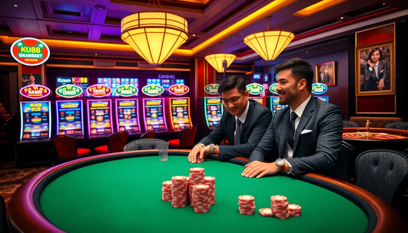 Play poker at a luxurious KU88 casino table with vibrant chips and exciting atmosphere.