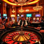Exciting casino atmosphere featuring i9bet branding with a roulette table and poker chips.