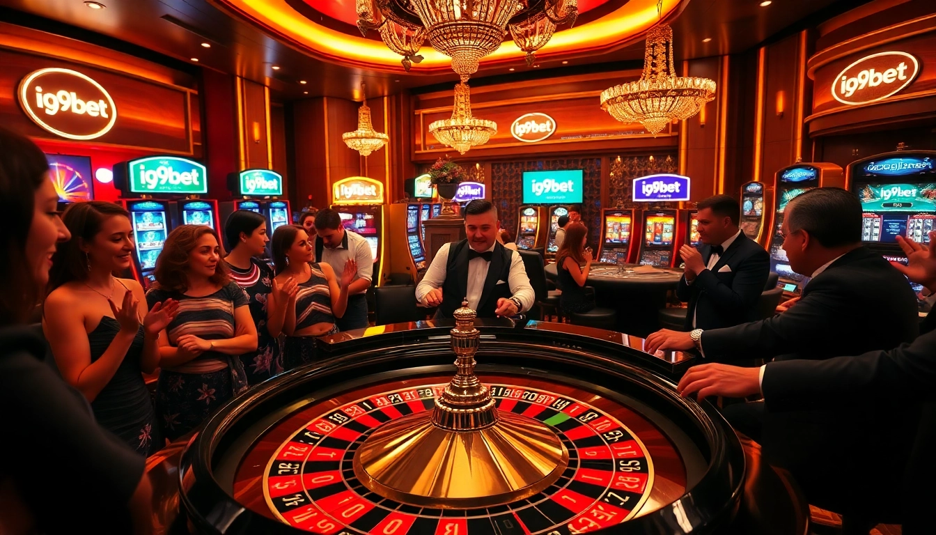 Exciting casino atmosphere featuring i9bet branding with a roulette table and poker chips.
