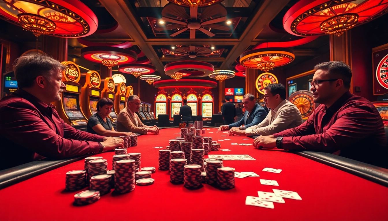 Experience the thrill of debet as players engage in high-stakes poker amidst vibrant casino lights.