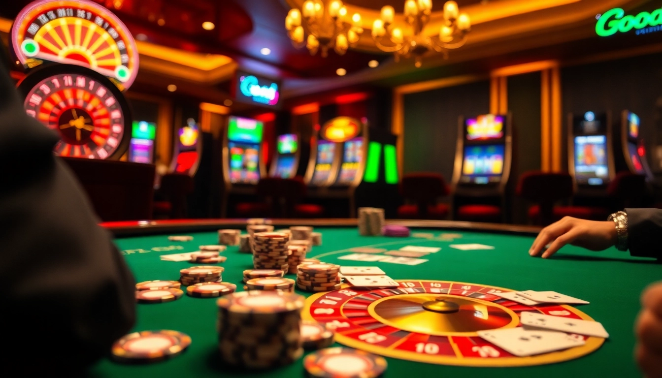 High-stakes poker action featuring Good88 branded chips and cards in a luxurious casino.