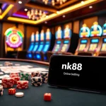 Engaging casino image showcasing nk88 link for online betting with poker chips and slot machines.