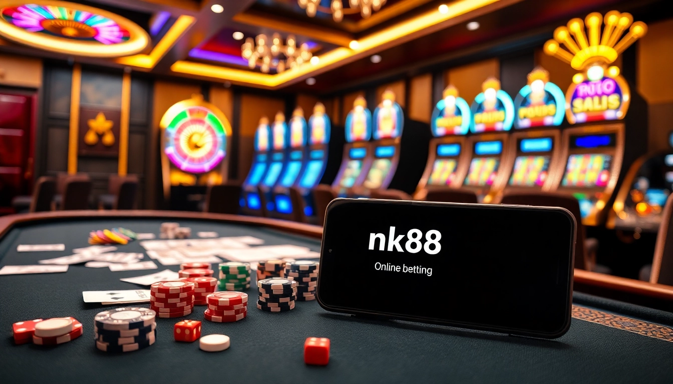 Engaging casino image showcasing nk88 link for online betting with poker chips and slot machines.