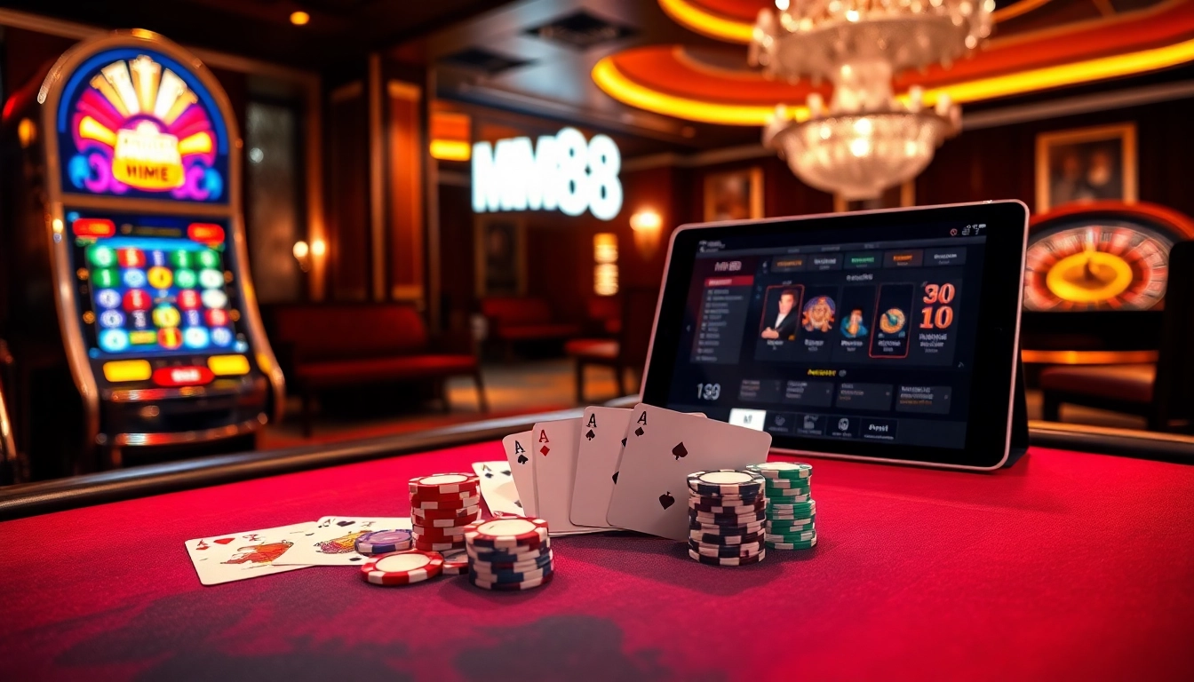 Experience the vibrant excitement of MM88 with colorful poker chips and dazzling slot machines.