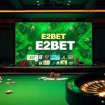 E2BET casino scene showcasing a luxurious blackjack table with players, chips, and a glowing online interface
