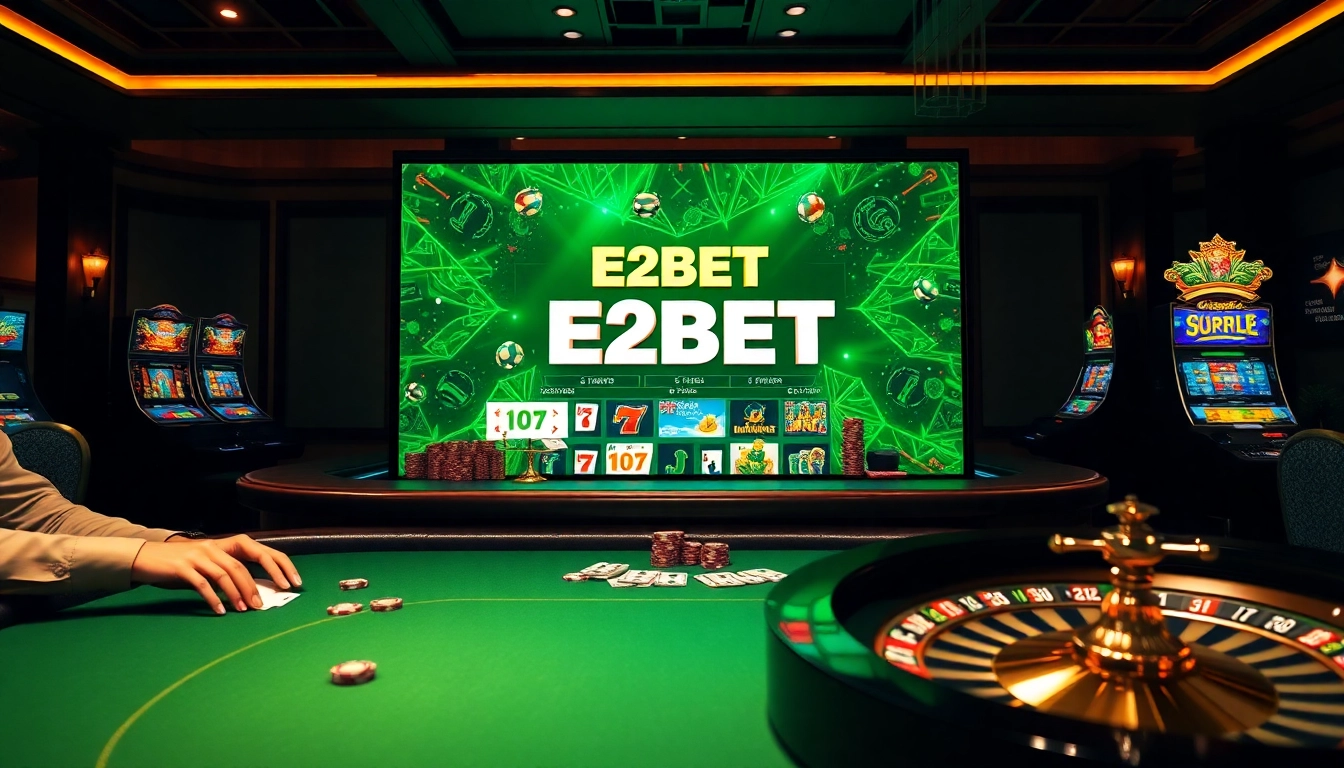 E2BET casino scene showcasing a luxurious blackjack table with players, chips, and a glowing online interface