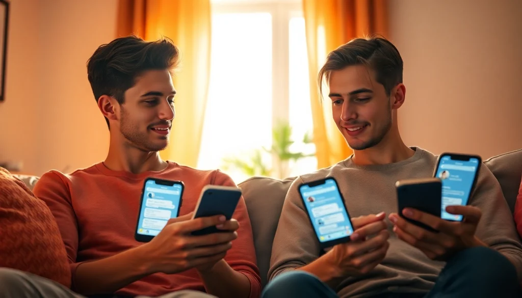 A couple engaged in sexting AI conversations in a cozy, modern living room, highlighting intimacy and digital connection.
