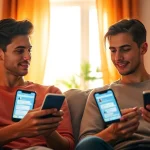 A couple engaged in sexting AI conversations in a cozy, modern living room, highlighting intimacy and digital connection.