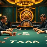 Engaging players at Nhà Cái TX88 enjoying an exciting poker game with lush casino ambiance.
