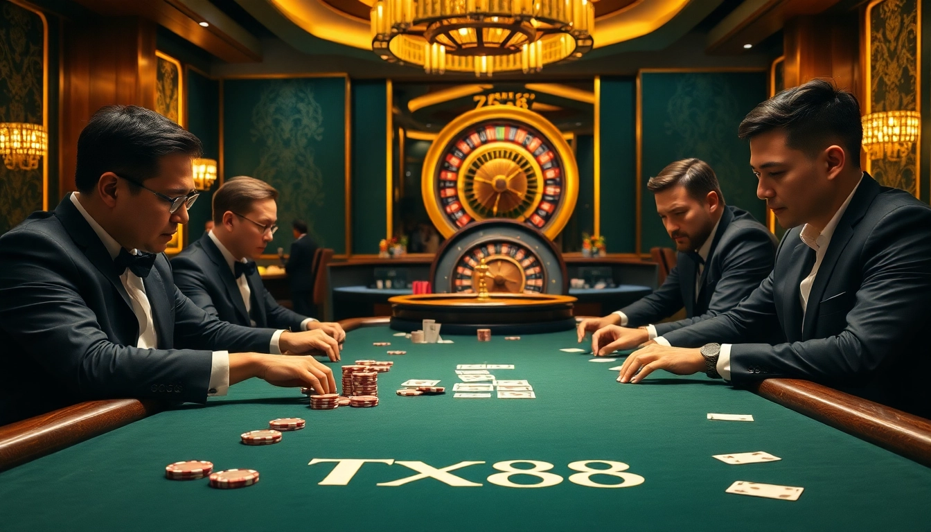 Engaging players at Nhà Cái TX88 enjoying an exciting poker game with lush casino ambiance.