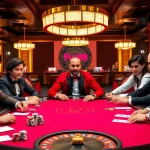 Players enjoying poker at a Fun88-branded table in a luxurious casino setting.