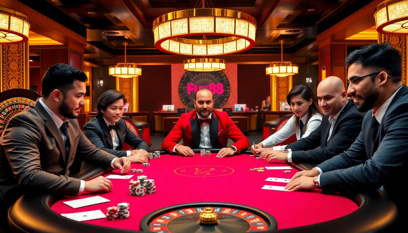 Players enjoying poker at a Fun88-branded table in a luxurious casino setting.