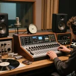 Retro audio engineering workspace featuring TASCAM DA88 multitrack recorder and vintage mixing equipment