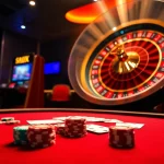 S8 offers thrilling poker action with colorful chips and an exciting roulette wheel in a vibrant casino.