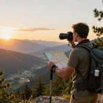 Adventurer enjoying a sunset view at Fly88 mountain lookout.