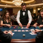 Fabet players engaging in an exciting blackjack game, showcasing strategic betting with vibrant chip stacks