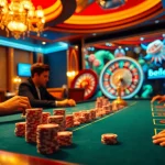 Engaging players enjoy blackjack action at bj88, surrounded by vibrant casino elements.