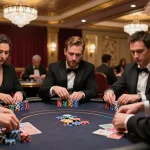 Fabet88 poker game in a high-roller room, players focused on intense gameplay.