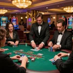 Players engaging with Fm88 blackjack table, dynamic action and vibrant casino atmosphere.