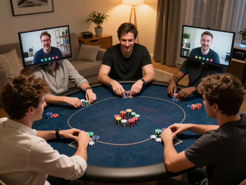 Players engaging in a thrilling online poker game on ku88q, showcasing strategic gameplay with colorful chips.