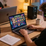 Player enjoying GVUI online casino games at home, demonstrating responsible gaming with strategies.