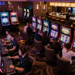 Excited players enjoying slots at MM88 casino with vibrant lights and dynamic displays