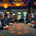 Engaging players at a poker table amidst a vibrant casino scene inspired by https://ta88.it.com/, filled with excitement and strategy.