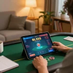 Player enjoying BL555 poker game on tablet with strategy notes and warm lighting at home.