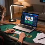 Engaging in live dealer blackjack online, kk44 player focusing on strategy in a modern gaming setup.