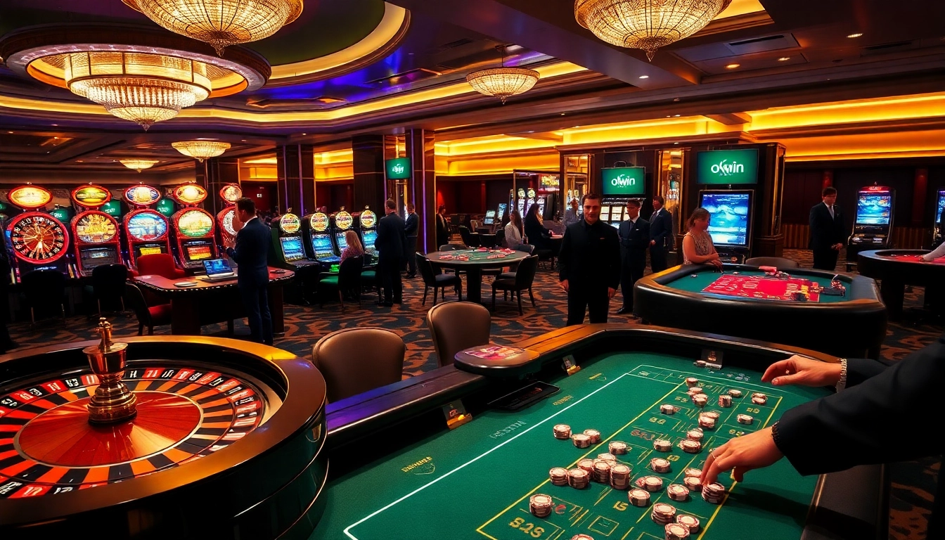 Exciting action at an okwin casino with players enjoying roulette and poker games.