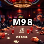 Exciting poker game at a luxury casino featuring M98-themed chips and cards in play.