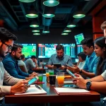 Engaged bettors analyzing keonhacai statistics in a lively sports bar.