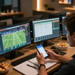 Engaged in strategic betting on 9Bet while analyzing live sports, showcasing an exciting sports betting atmosphere.