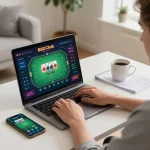 Engaging in B52Club online gaming strategy with laptop setup at home.