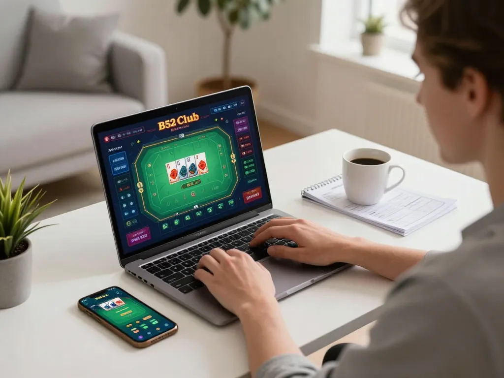 Engaging in B52Club online gaming strategy with laptop setup at home.