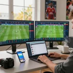 Engaged bettor utilizing kèo nhà cái in a modern sports betting environment, focusing on live match statistics and betting interfaces.