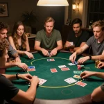 Friends joyfully playing Texas Hold'em at home, exploring strategies like sin 88 for winning hands.