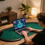 Player strategizing in an immersive online poker game at 11win, showcasing vibrant gaming interface at home.