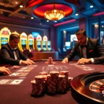 Intense poker game at a casino table showcasing 98WINS CO COM, with vibrant colors and rich details.