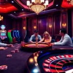 Players engaging in a thrilling poker game at F8BET online casino, showcasing excitement and luxury.