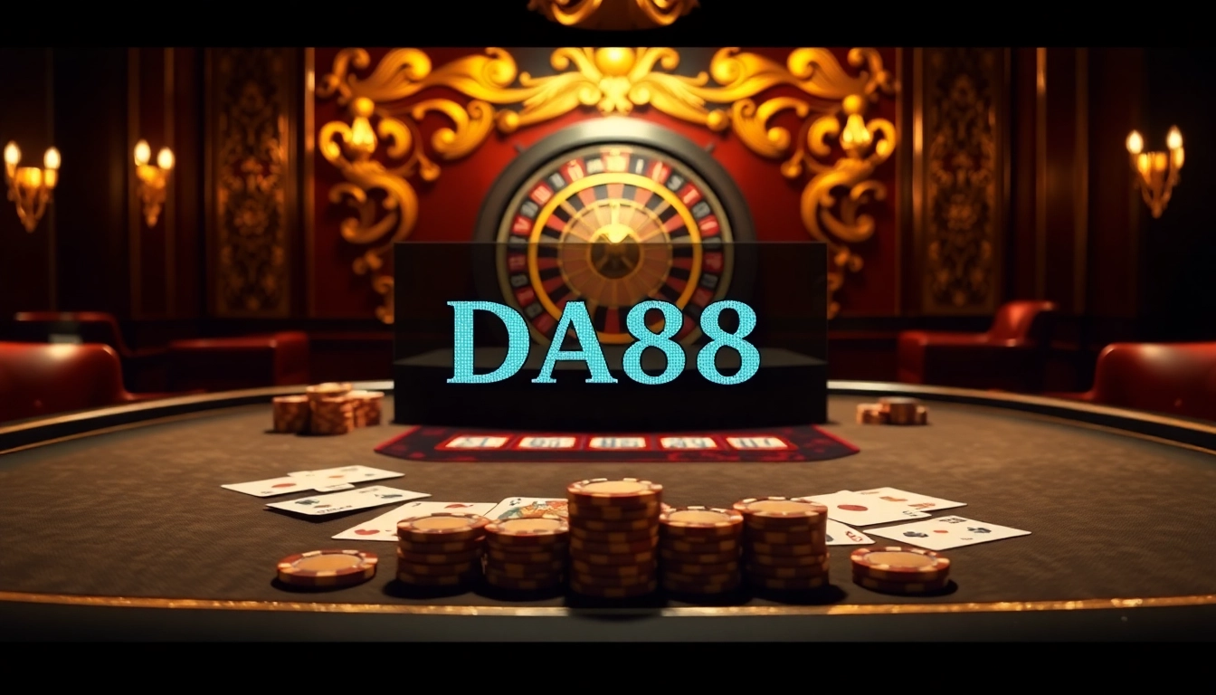 Experience high-stakes action at a casino table with DA88-themed poker chips and cards.