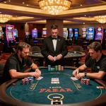 RIKBET players engaging in an exciting poker game with vibrant casino atmosphere and professional dealer.