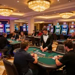 Players enjoying blackjack at SKY88 casino, vibrant atmosphere with gaming tables and colorful slot machines.