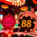 Experience the excitement of betting at mi 88 casino with flashing slot machines and engaged players.